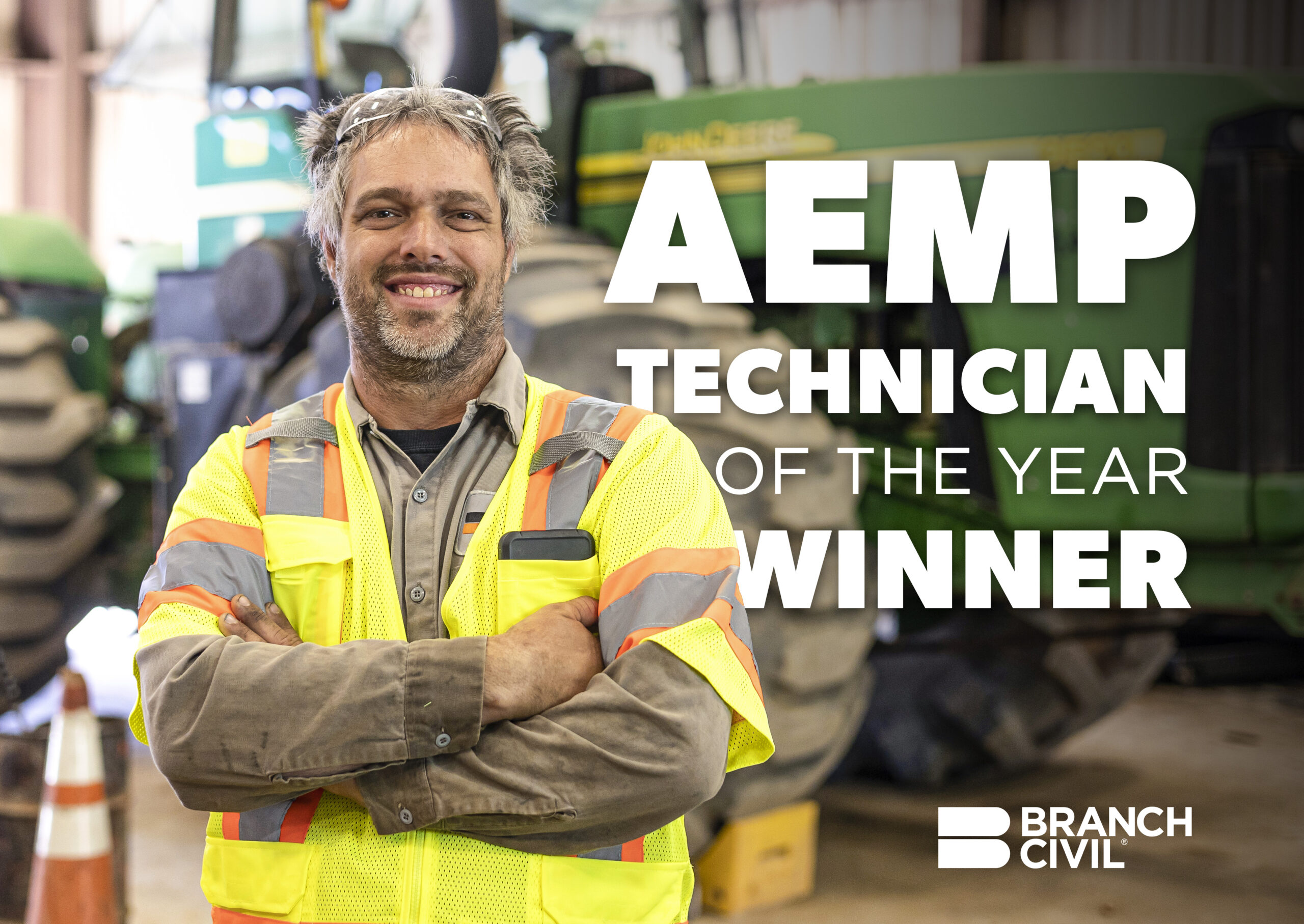 AEMP technician of the year winner graphic with smiling construction worker