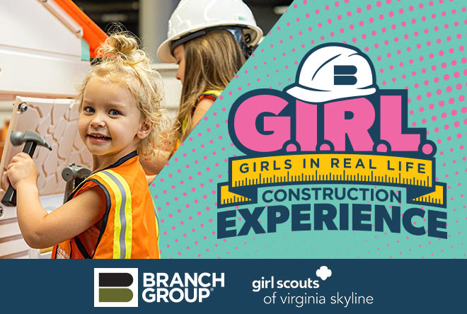 Girls In Real Life Construction Experience graphic with smiling young girls in safety gear